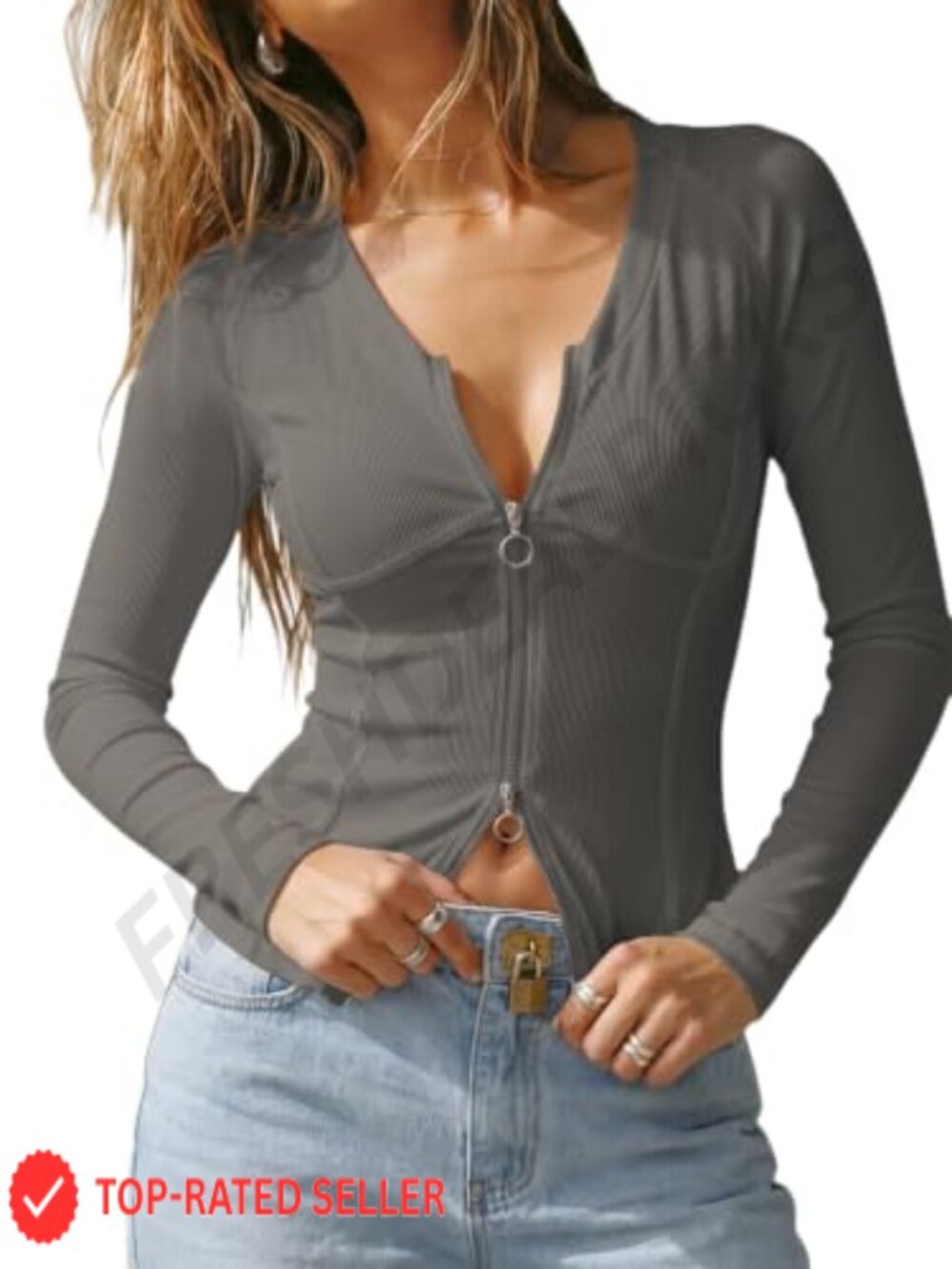 Ribbed V Neck Long Sleeve Full Zip Crop Top Slim Fitted Gym Running Jacket
